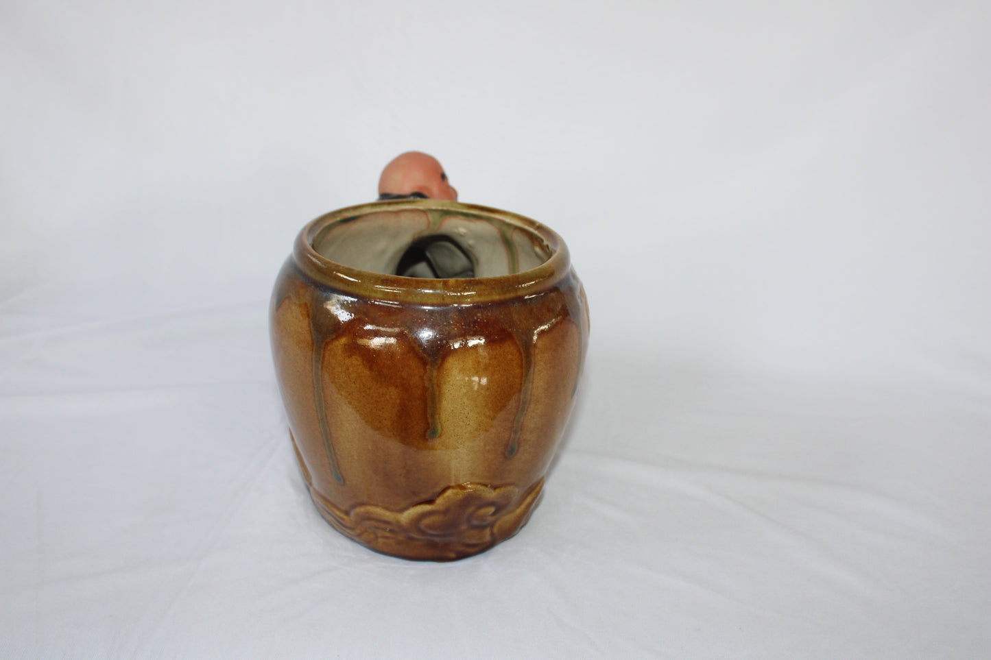 Japanese Ceramic Bonsai Pot with Relaxing Monk Figurine | Vintage Zen Planter | Artistic Home Decor
