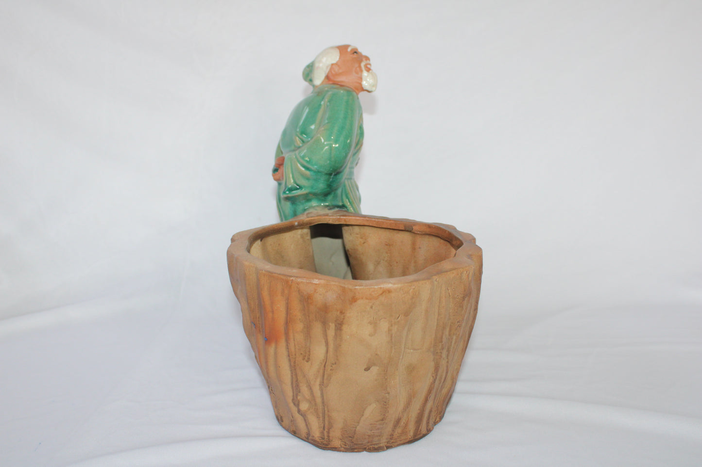 Authentic Japanese Imported Bonsai Pot with Elder Figurine – Premium Ceramic Decorative Planter (Collectible Piece)