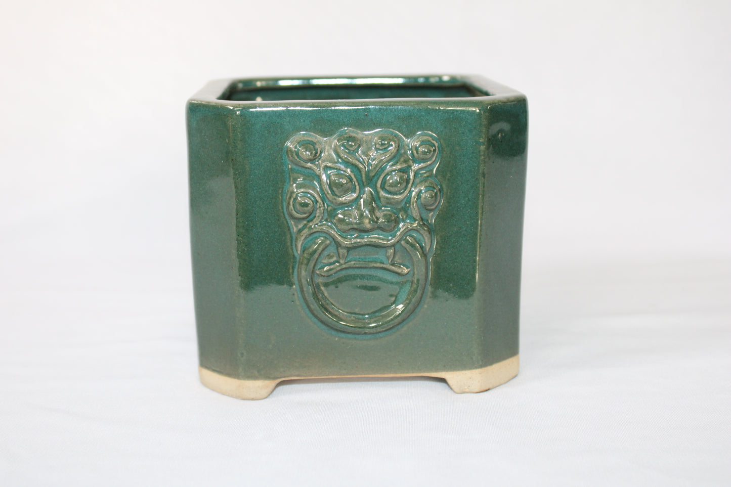 Premium Taiwanese Ceramic Bonsai Pot Set – Glossy Green / rusting Brown Square Planters (Set of 2, Embossed Face Design)
