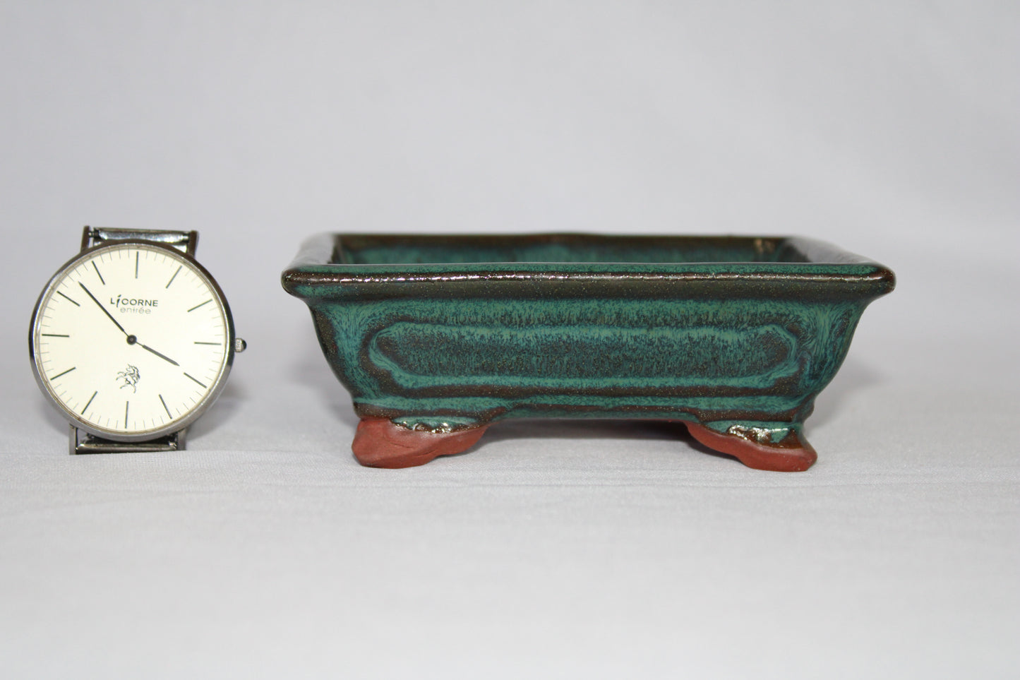 Premium Rectangular Ceramic Bonsai Pot | Decorative Footed Planter | Imported Green Glazed Bonsai Container with Drainage