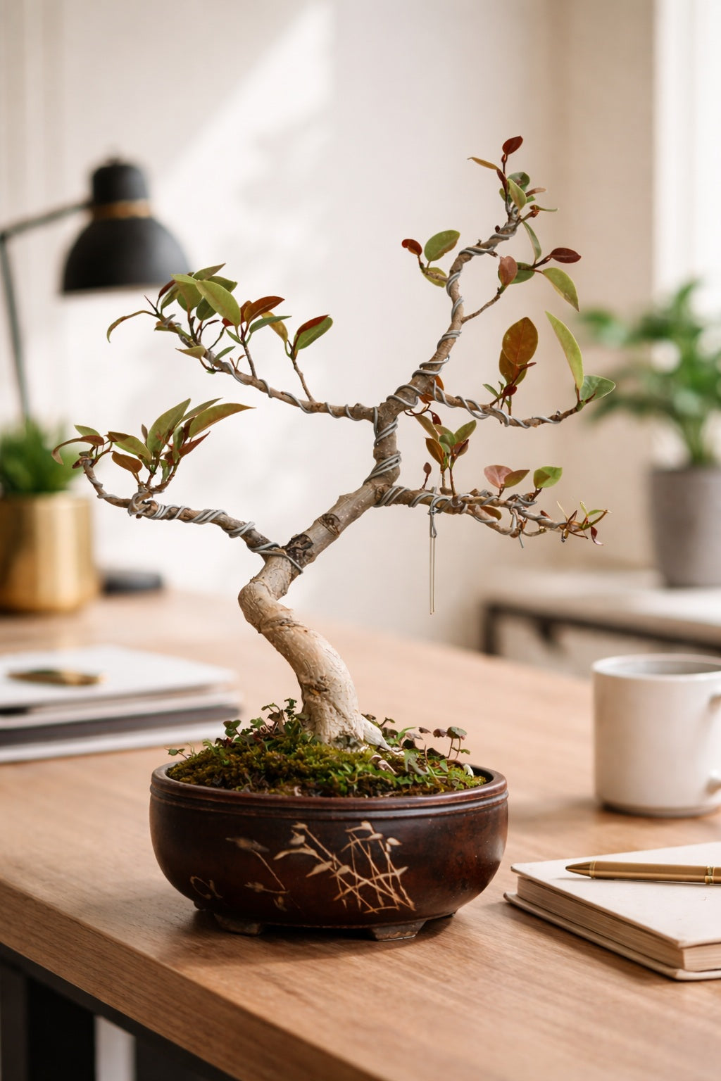 Australian Silver Ficus Bonsai – Wired Artistic Shape | Live Bonsai Tree with Ceramic Pot | Premium Indoor Outdoor Plant