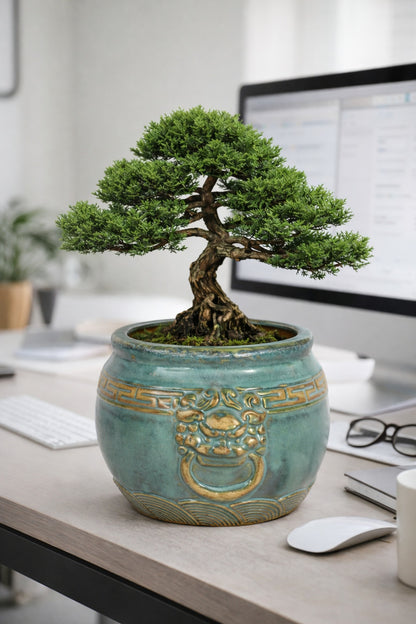 Premium Taiwanese Ceramic Bonsai Pot with Antique Glaze & Handcrafted Lion Design | Luxury Planter for Bonsai & Indoor Decor