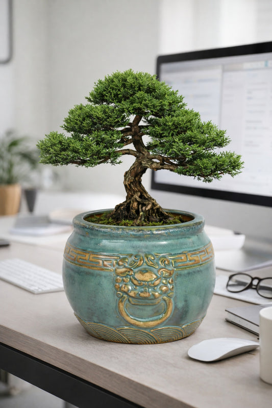 Premium Taiwanese Ceramic Bonsai Pot with Antique Glaze & Handcrafted Lion Design | Luxury Planter for Bonsai & Indoor Decor