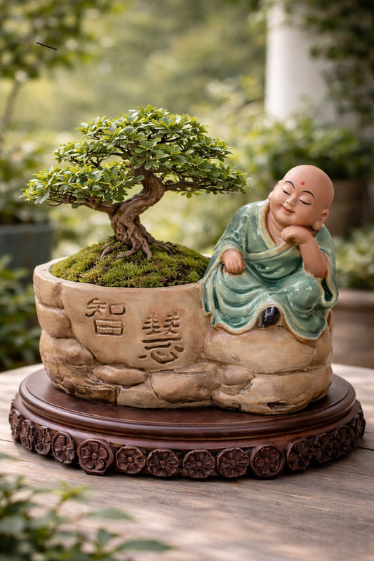 Authentic Japanese Imported Bonsai Pot with Monk Figurine – Ceramic Zen Garden Planter (Premium Collectible)