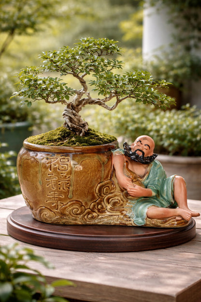 Japanese Ceramic Bonsai Pot with Relaxing Monk Figurine | Vintage Zen Planter | Artistic Home Decor