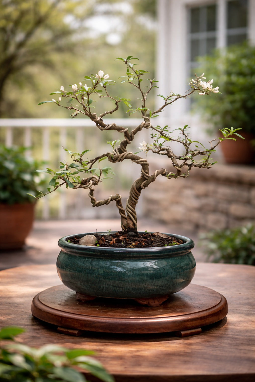 Desmodium White Braya Bonsai – Elegant Twisted Trunk with Natural Flowers