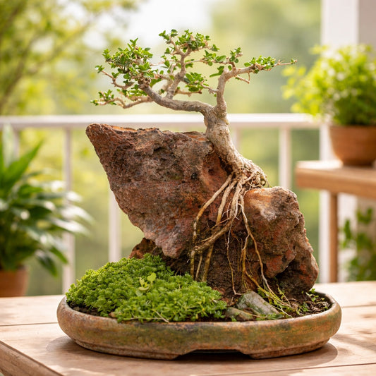 Premna Bonsai (Root Over Rock Style) – Handcrafted Miniature Tree with Natural Stone Landscape | Premium Indoor/Outdoor Décor