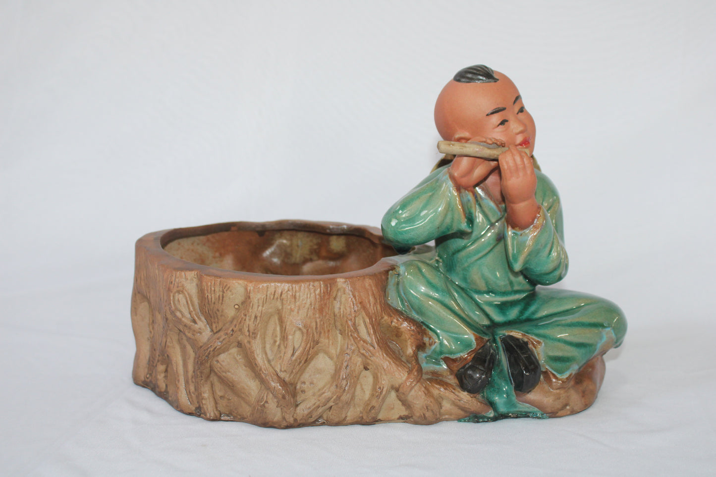 Premium Japanese Monk Ceramic Planter – Zen Style Decorative Bonsai Pot with Figurine