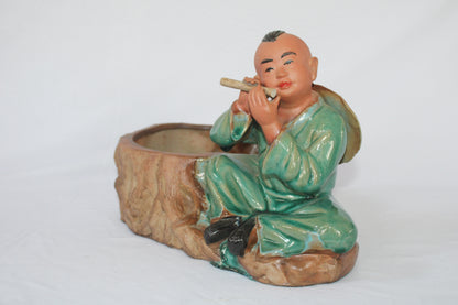 Premium Japanese Monk Ceramic Planter – Zen Style Decorative Bonsai Pot with Figurine