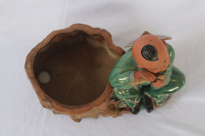Premium Japanese Monk Ceramic Planter – Zen Style Decorative Bonsai Pot with Figurine