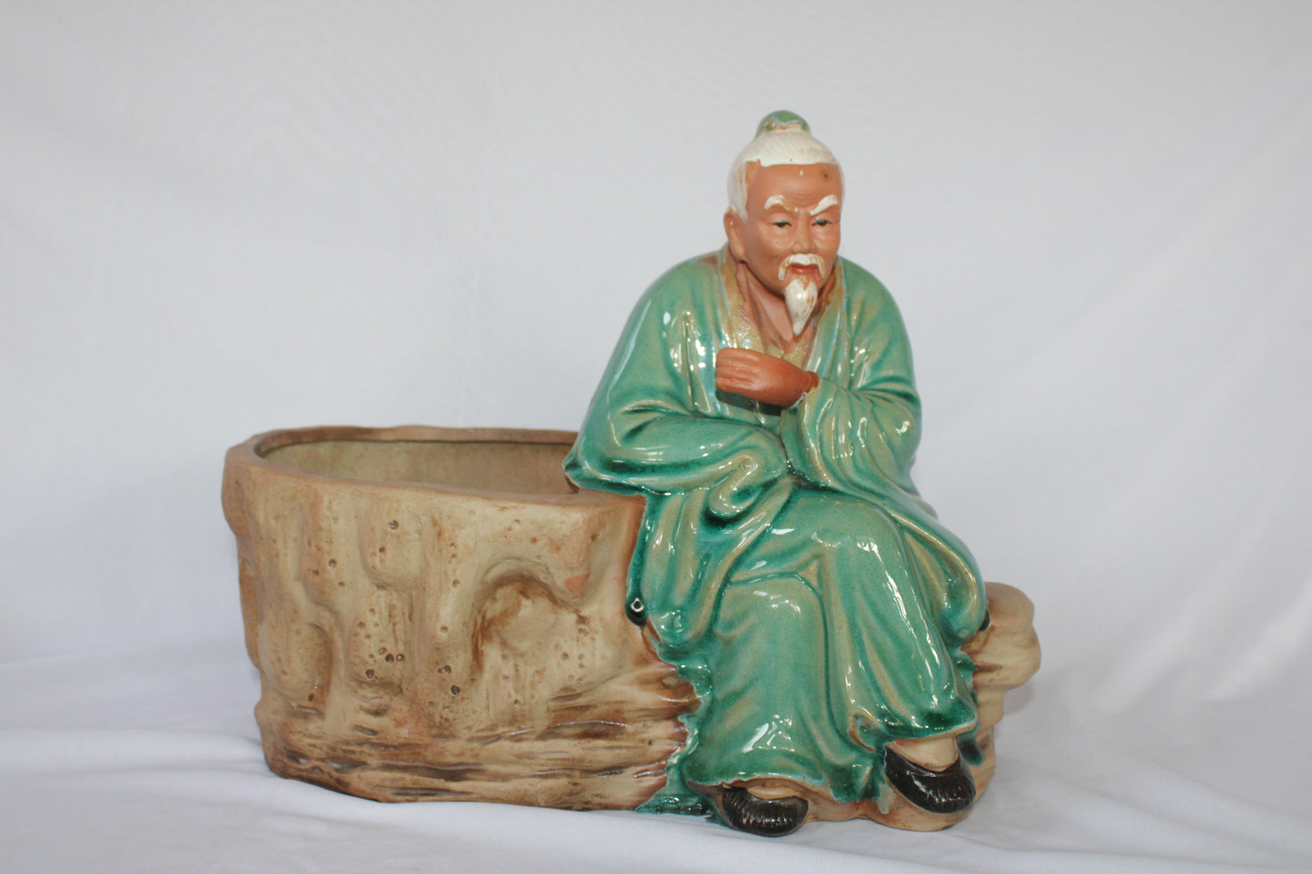 Japanese Ceramic Bonsai Pot with Monk Figurine | Artistic Planter | Vintage Style Indoor Decor