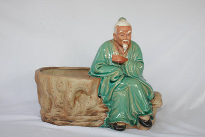 Japanese Ceramic Bonsai Pot with Monk Figurine | Artistic Planter | Vintage Style Indoor Decor