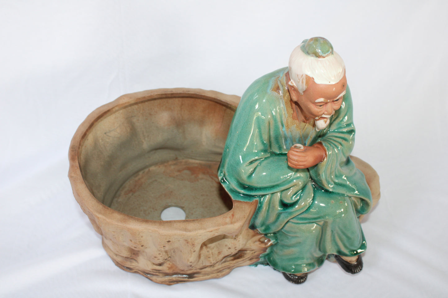 Japanese Ceramic Bonsai Pot with Monk Figurine | Artistic Planter | Vintage Style Indoor Decor
