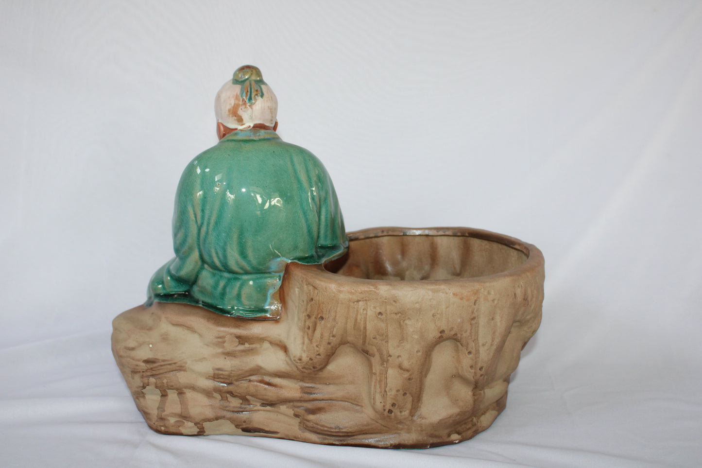 Japanese Ceramic Bonsai Pot with Monk Figurine | Artistic Planter | Vintage Style Indoor Decor