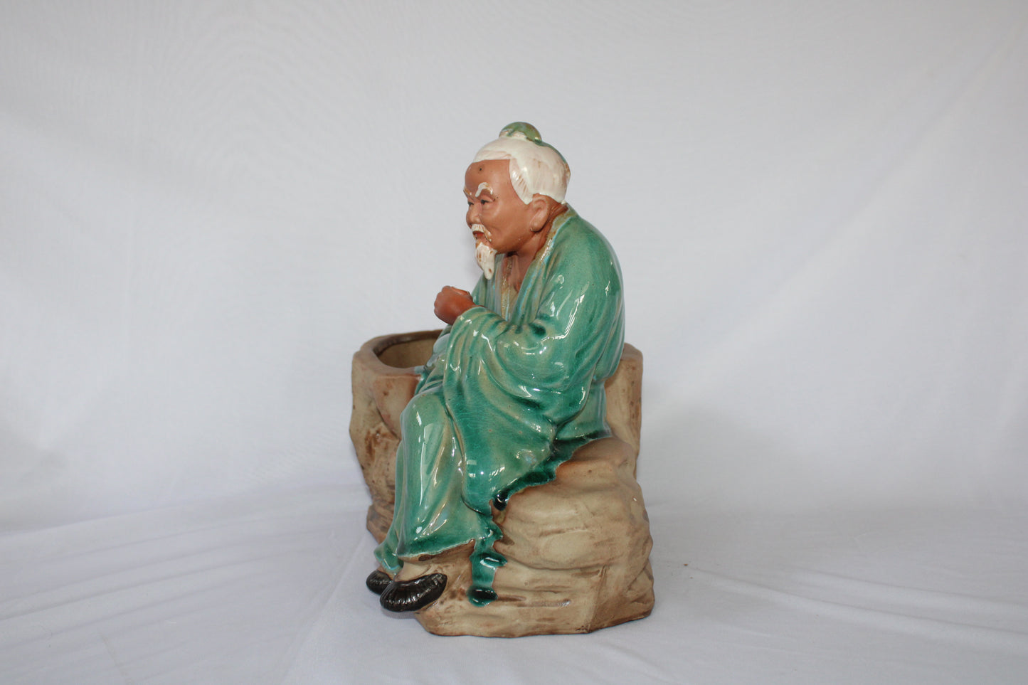 Japanese Ceramic Bonsai Pot with Monk Figurine | Artistic Planter | Vintage Style Indoor Decor