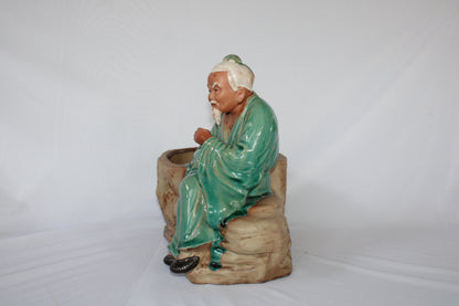 Japanese Ceramic Bonsai Pot with Monk Figurine | Artistic Planter | Vintage Style Indoor Decor