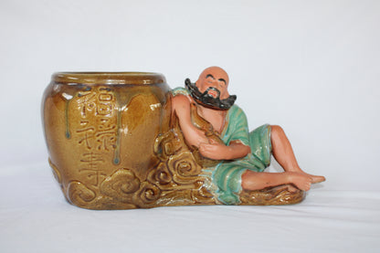 Japanese Ceramic Bonsai Pot with Relaxing Monk Figurine | Vintage Zen Planter | Artistic Home Decor