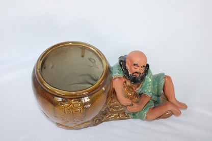 Japanese Ceramic Bonsai Pot with Relaxing Monk Figurine | Vintage Zen Planter | Artistic Home Decor