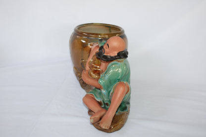 Japanese Ceramic Bonsai Pot with Relaxing Monk Figurine | Vintage Zen Planter | Artistic Home Decor