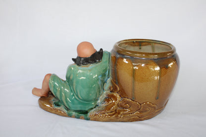 Japanese Ceramic Bonsai Pot with Relaxing Monk Figurine | Vintage Zen Planter | Artistic Home Decor