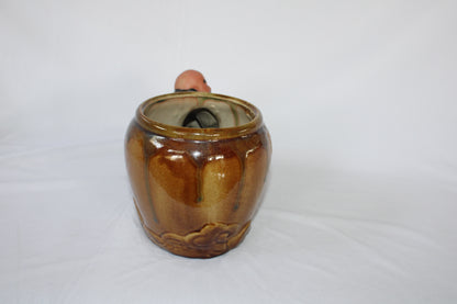 Japanese Ceramic Bonsai Pot with Relaxing Monk Figurine | Vintage Zen Planter | Artistic Home Decor