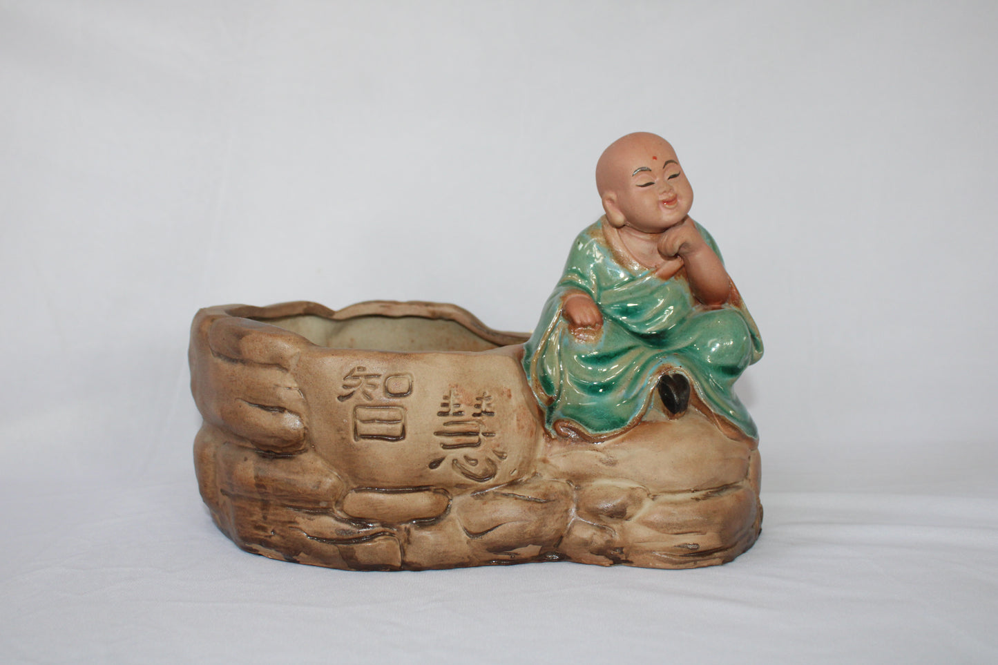 Authentic Japanese Imported Bonsai Pot with Monk Figurine – Ceramic Zen Garden Planter (Premium Collectible)