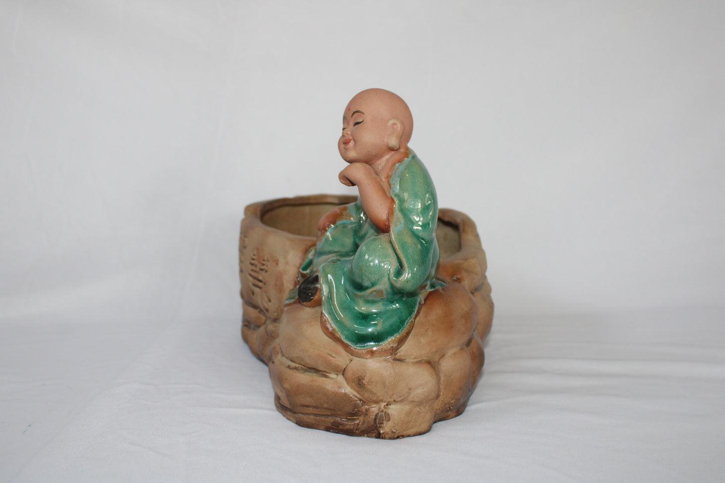 Authentic Japanese Imported Bonsai Pot with Monk Figurine – Ceramic Zen Garden Planter (Premium Collectible)