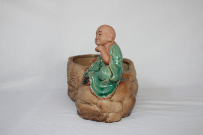 Authentic Japanese Imported Bonsai Pot with Monk Figurine – Ceramic Zen Garden Planter (Premium Collectible)