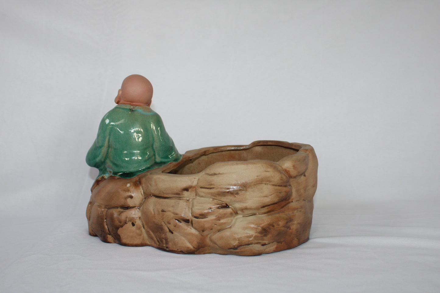 Authentic Japanese Imported Bonsai Pot with Monk Figurine – Ceramic Zen Garden Planter (Premium Collectible)