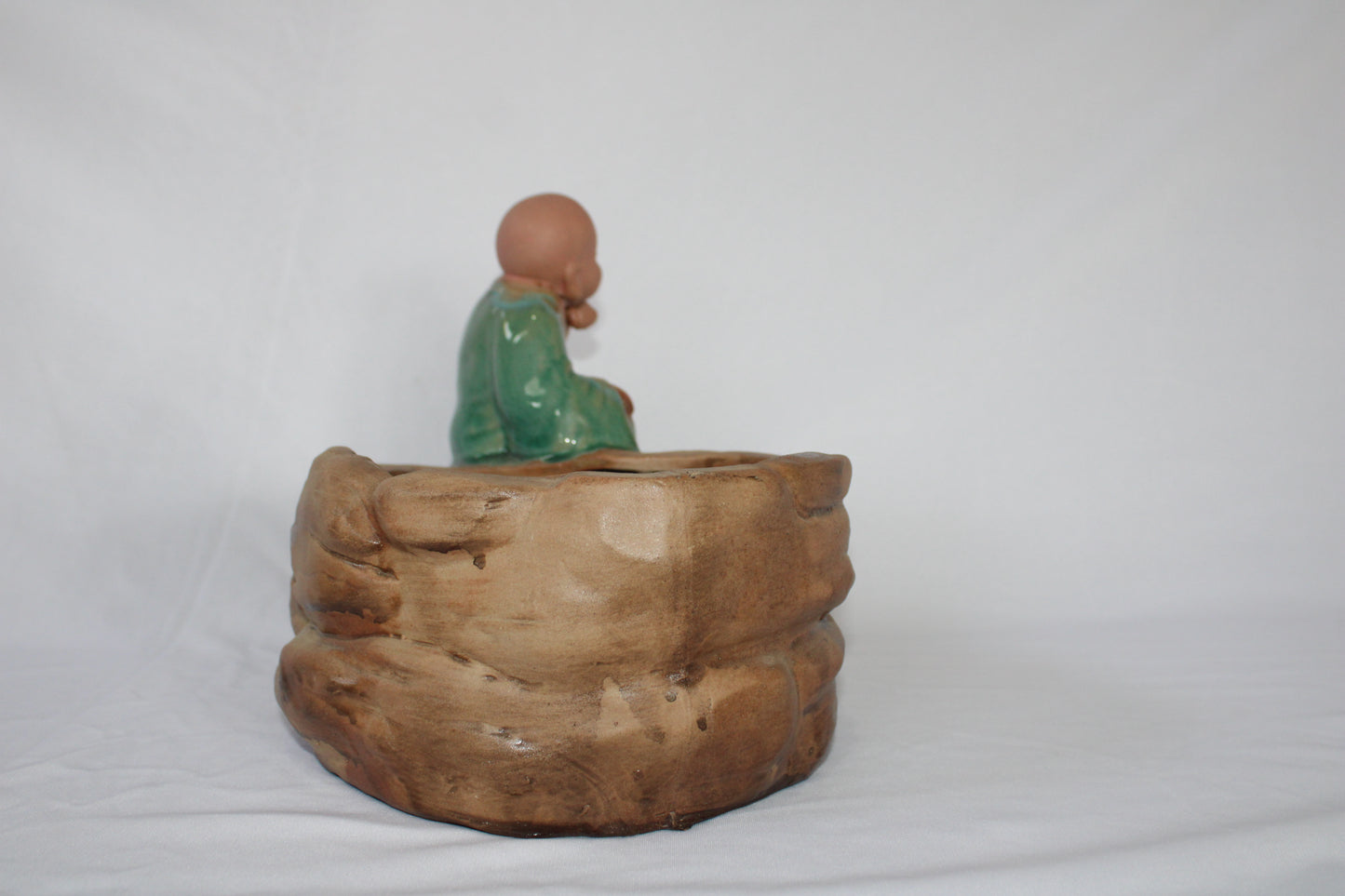 Authentic Japanese Imported Bonsai Pot with Monk Figurine – Ceramic Zen Garden Planter (Premium Collectible)