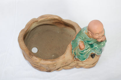 Authentic Japanese Imported Bonsai Pot with Monk Figurine – Ceramic Zen Garden Planter (Premium Collectible)