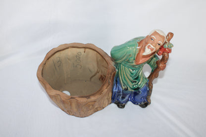 Authentic Japanese Imported Bonsai Pot with Elder Figurine – Premium Ceramic Decorative Planter (Collectible Piece)