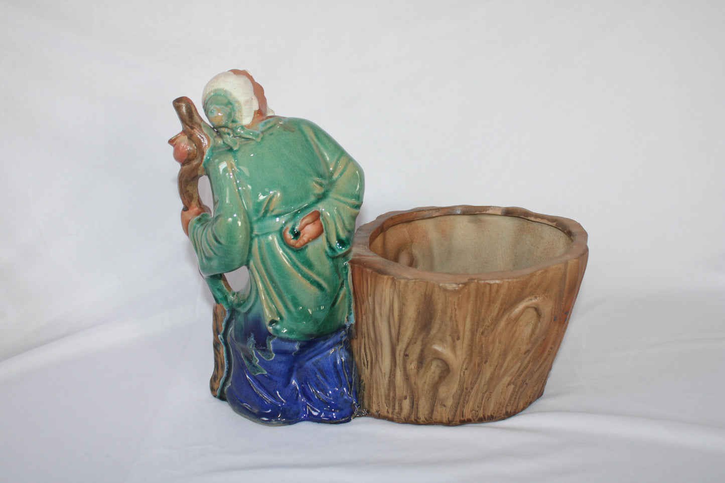 Authentic Japanese Imported Bonsai Pot with Elder Figurine – Premium Ceramic Decorative Planter (Collectible Piece)
