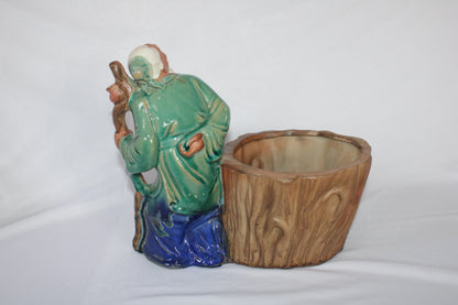 Authentic Japanese Imported Bonsai Pot with Elder Figurine – Premium Ceramic Decorative Planter (Collectible Piece)