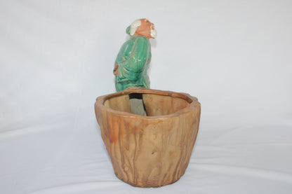 Authentic Japanese Imported Bonsai Pot with Elder Figurine – Premium Ceramic Decorative Planter (Collectible Piece)