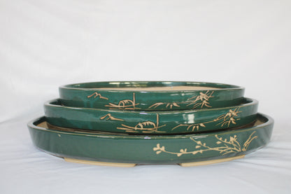 Premium Handmade Taiwanese Oval Bonsai Pot | Glazed Ceramic | Traditional Landscape Design | Shallow Tray Planter for Bonsai