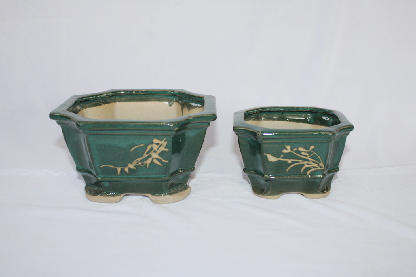 Imported Taiwanese Hexagonal Bonsai | Premium Ceramic Bonsai Planters – Large & Small | Green & Matte Brown Finish