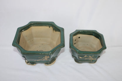 Imported Taiwanese Hexagonal Bonsai | Premium Ceramic Bonsai Planters – Large & Small | Green & Matte Brown Finish