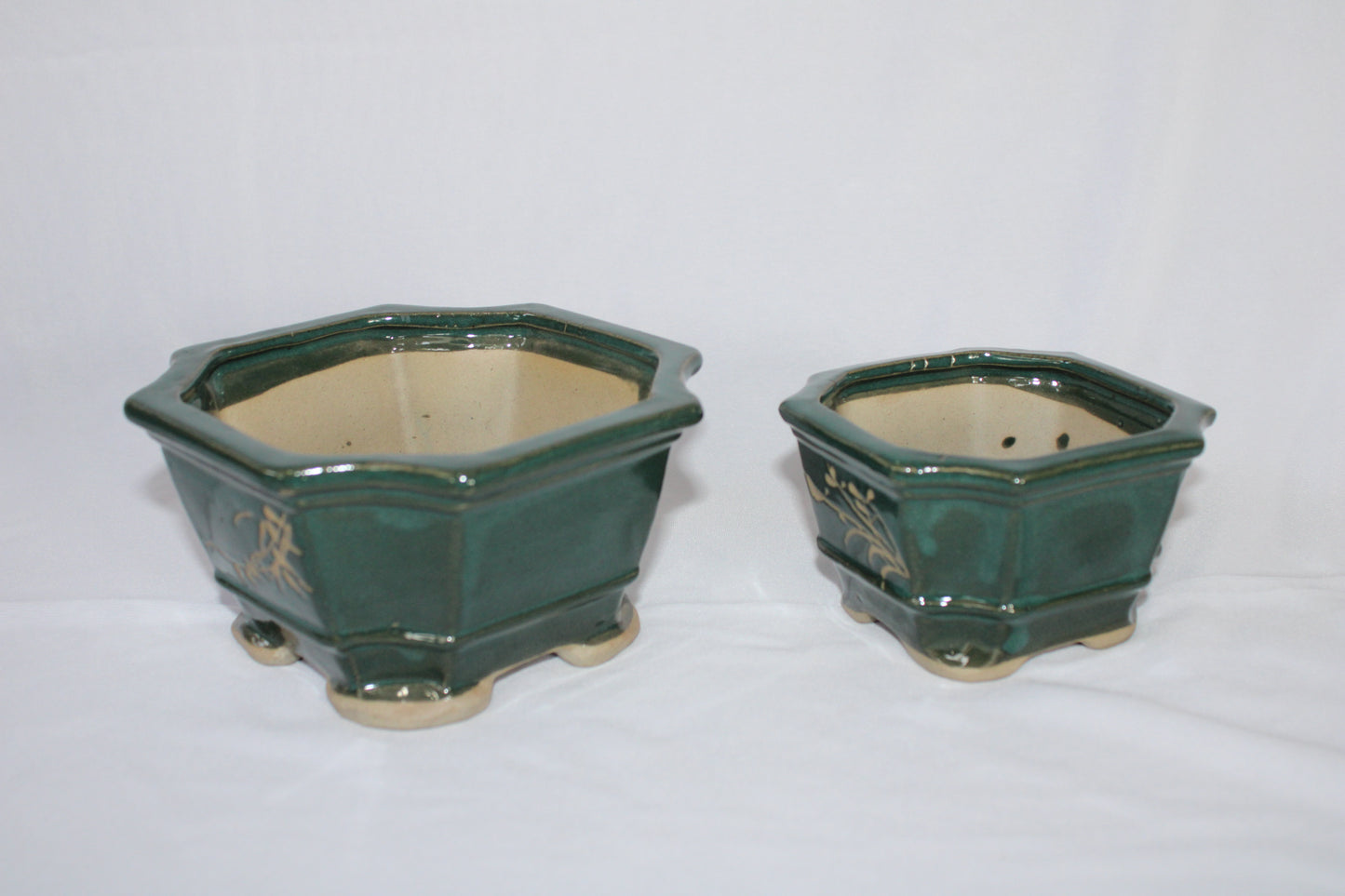Imported Taiwanese Hexagonal Bonsai | Premium Ceramic Bonsai Planters – Large & Small | Green & Matte Brown Finish