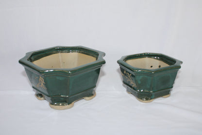 Imported Taiwanese Hexagonal Bonsai | Premium Ceramic Bonsai Planters – Large & Small | Green & Matte Brown Finish