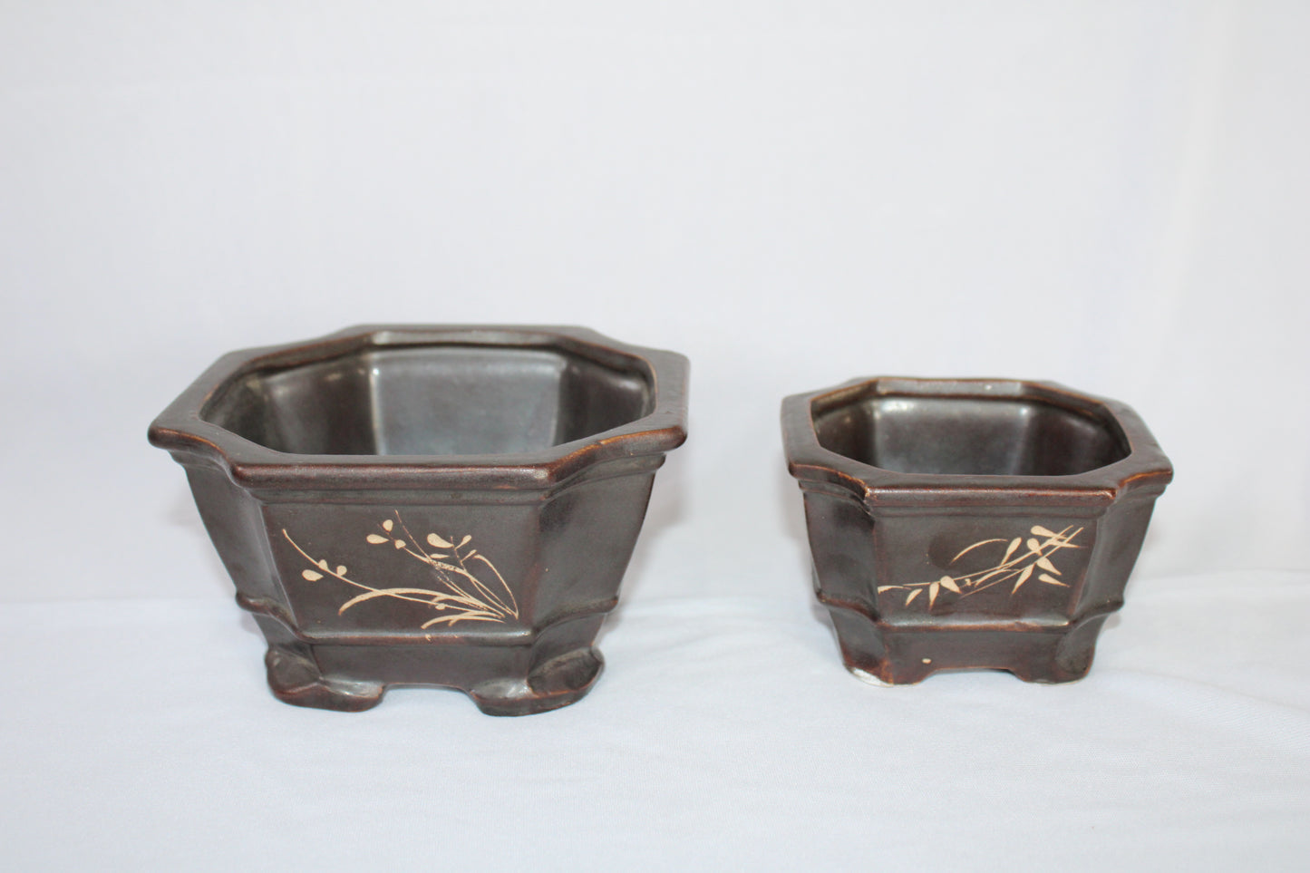 Imported Taiwanese Hexagonal Bonsai | Premium Ceramic Bonsai Planters – Large & Small | Green & Matte Brown Finish