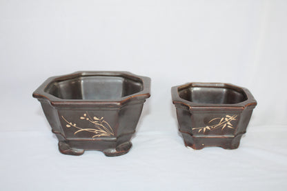 Imported Taiwanese Hexagonal Bonsai | Premium Ceramic Bonsai Planters – Large & Small | Green & Matte Brown Finish