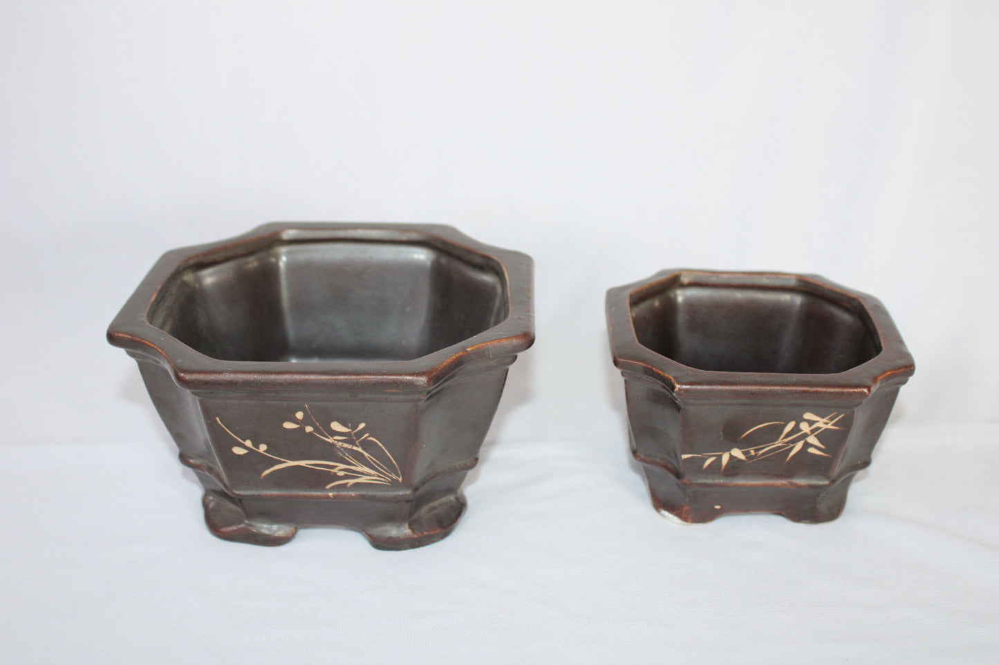 Imported Taiwanese Hexagonal Bonsai | Premium Ceramic Bonsai Planters – Large & Small | Green & Matte Brown Finish
