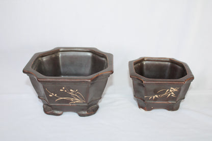 Imported Taiwanese Hexagonal Bonsai | Premium Ceramic Bonsai Planters – Large & Small | Green & Matte Brown Finish