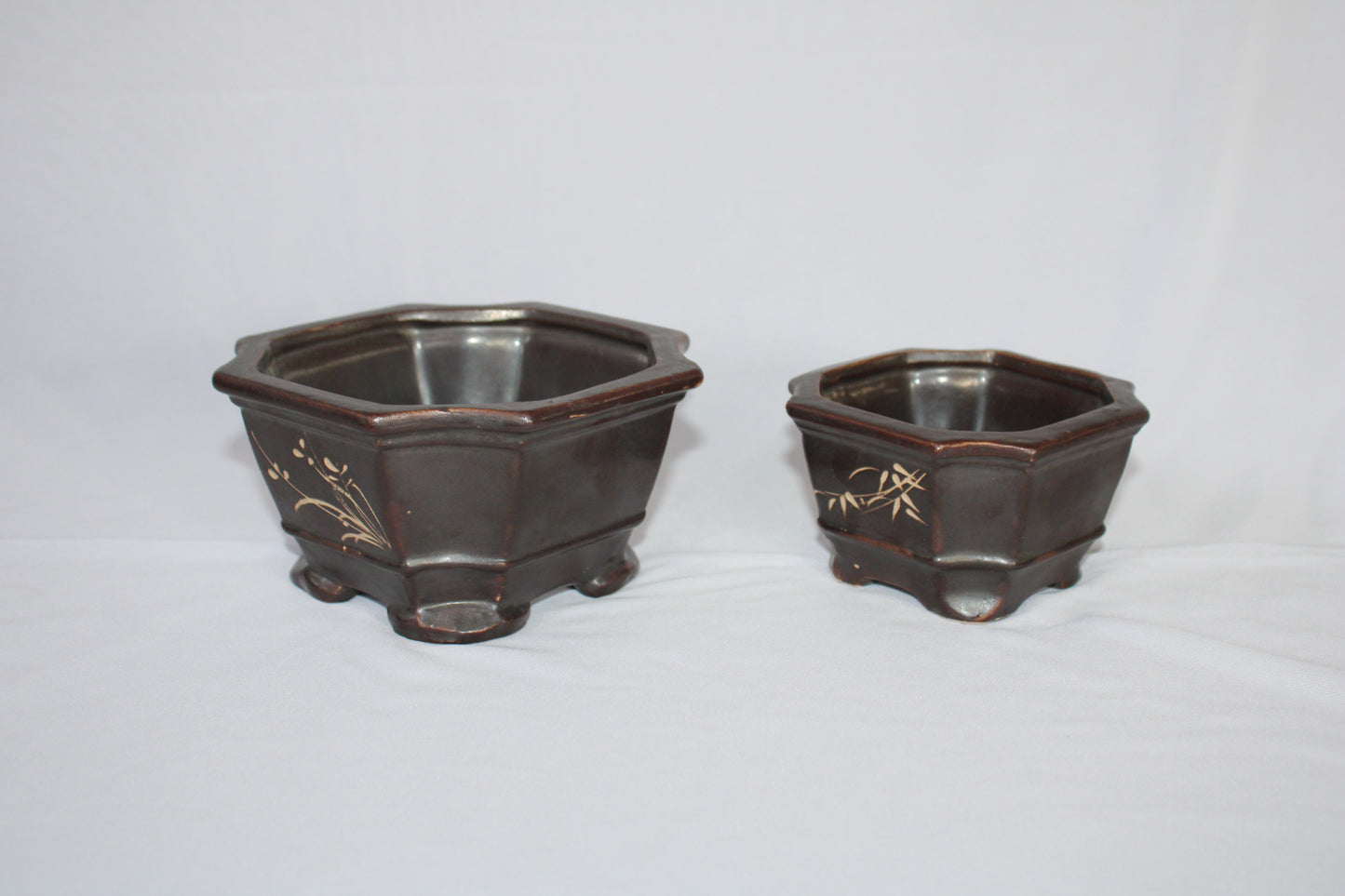 Imported Taiwanese Hexagonal Bonsai | Premium Ceramic Bonsai Planters – Large & Small | Green & Matte Brown Finish
