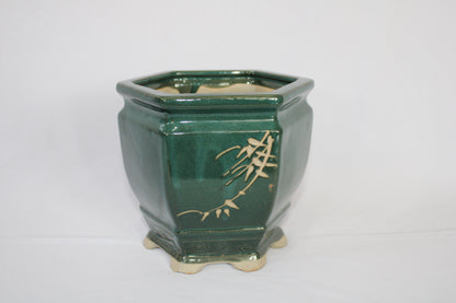 Imported Taiwanese Hexagonal Bonsai Pot | Premium Ceramic Bonsai Planter (Green & Matte Brown) | Artistic Glazed Bonsai Container