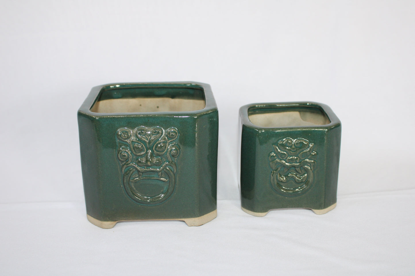 Premium Taiwanese Ceramic Bonsai Pot Set – Glossy Green / rusting Brown Square Planters (Set of 2, Embossed Face Design)