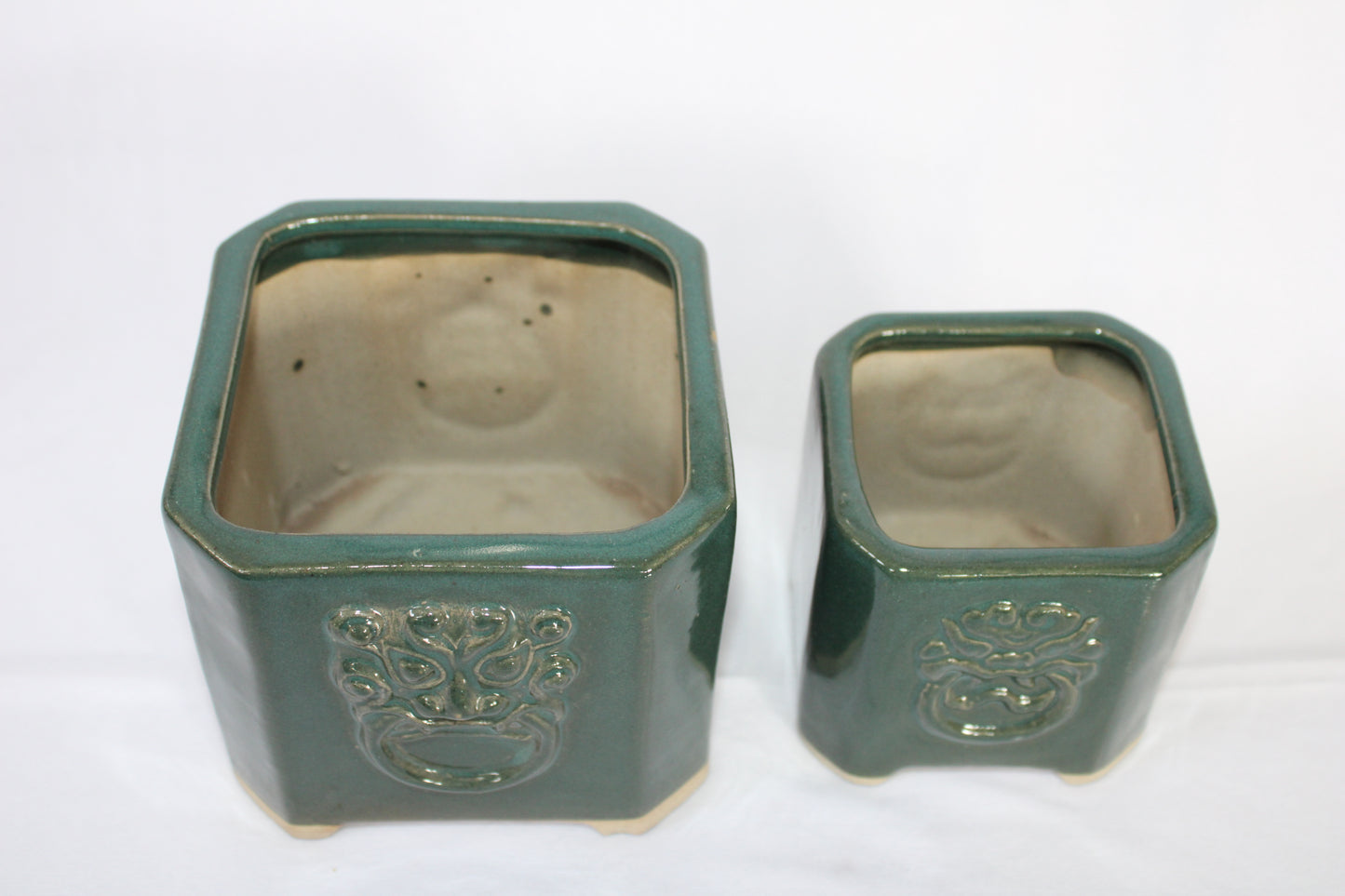 Premium Taiwanese Ceramic Bonsai Pot Set – Glossy Green / rusting Brown Square Planters (Set of 2, Embossed Face Design)