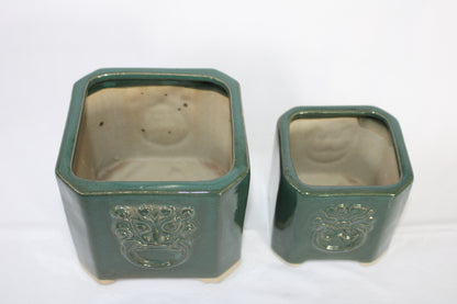 Premium Taiwanese Ceramic Bonsai Pot Set – Glossy Green / rusting Brown Square Planters (Set of 2, Embossed Face Design)