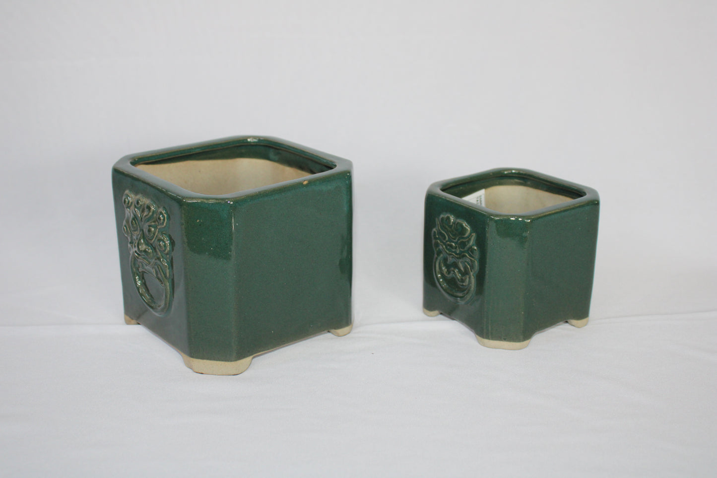 Premium Taiwanese Ceramic Bonsai Pot Set – Glossy Green / rusting Brown Square Planters (Set of 2, Embossed Face Design)